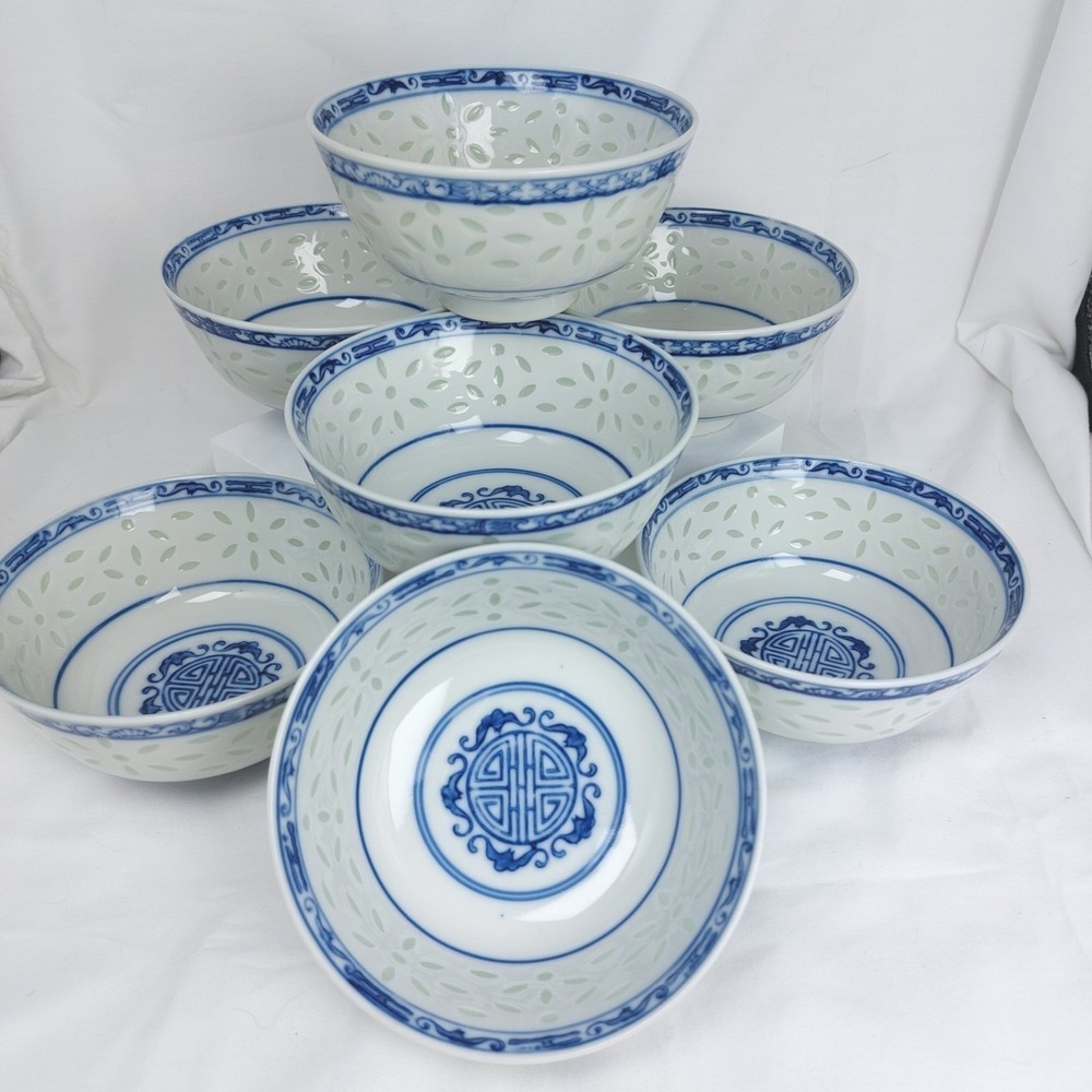 Vintage Chinese Blue & White Translucent Porcelain Rice Grain Bowl Set of 7 READ